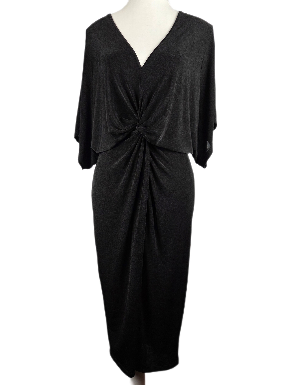 Knot-Detail Black Midi Dress with V-Neck